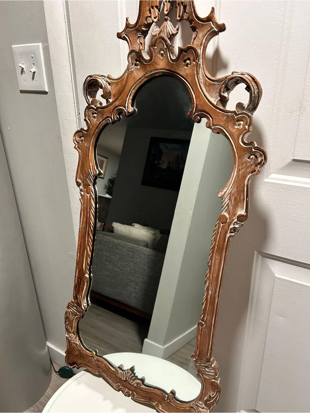 Ornate Carved Wood Wall Mirror in Natural Brown